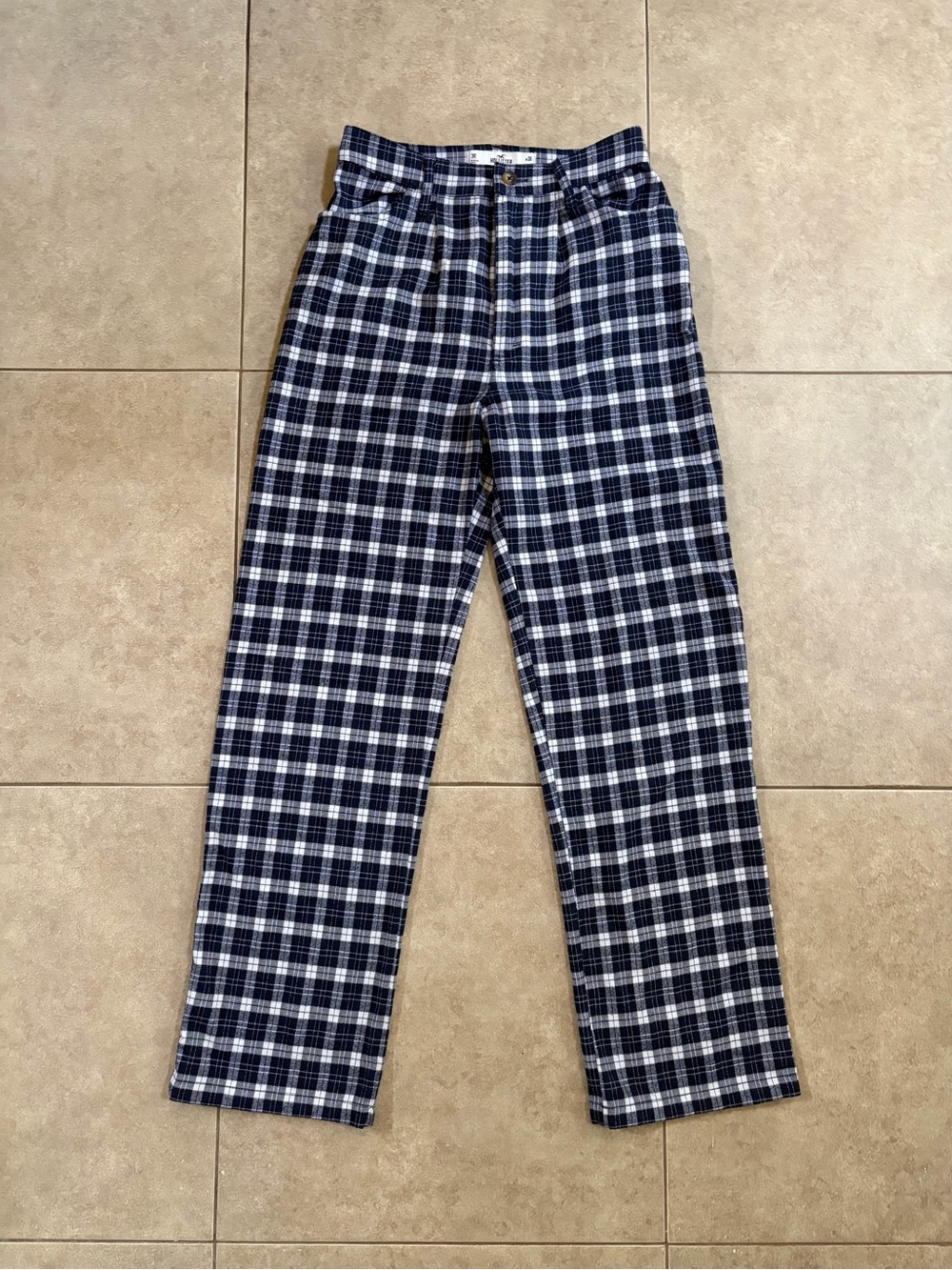 Hollister Pants Womens 3R W26 Navy White Plaid Ultra High-Rise Straight Leg